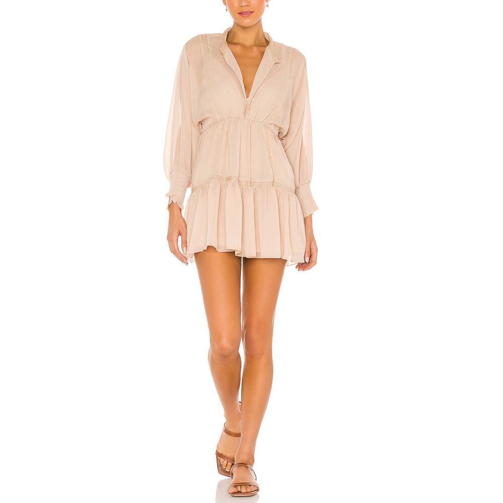SNDYS Revolve Tan Coco Mini Crochet Trim Dress • Festival Boho • Size 4